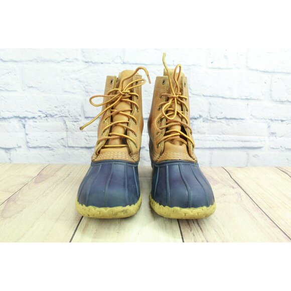 LL Bean Blue Leather 8" Lace Up Unlined Ankle Duck Boots Round Toe Size 7 M - Picture 4 of 10